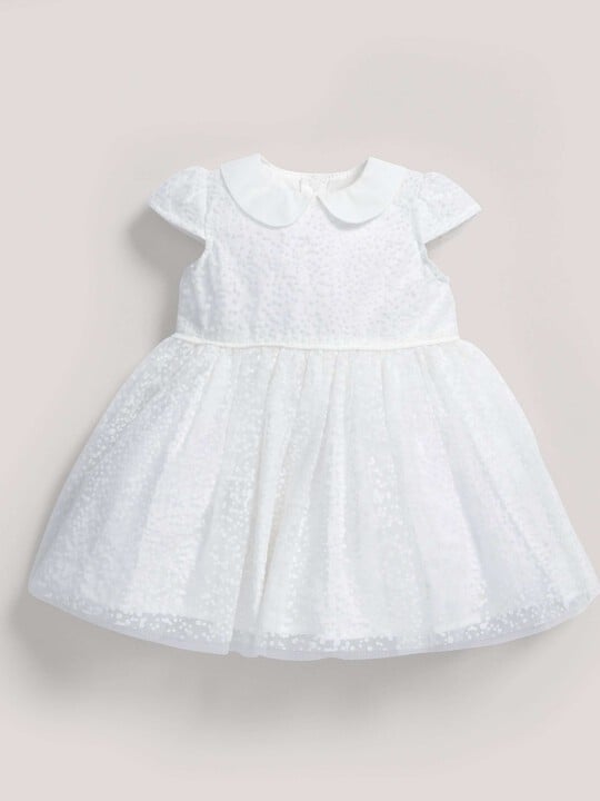 فستان ذو ياقة مصنوع من قماش منقط باللون الأبيض image number 2