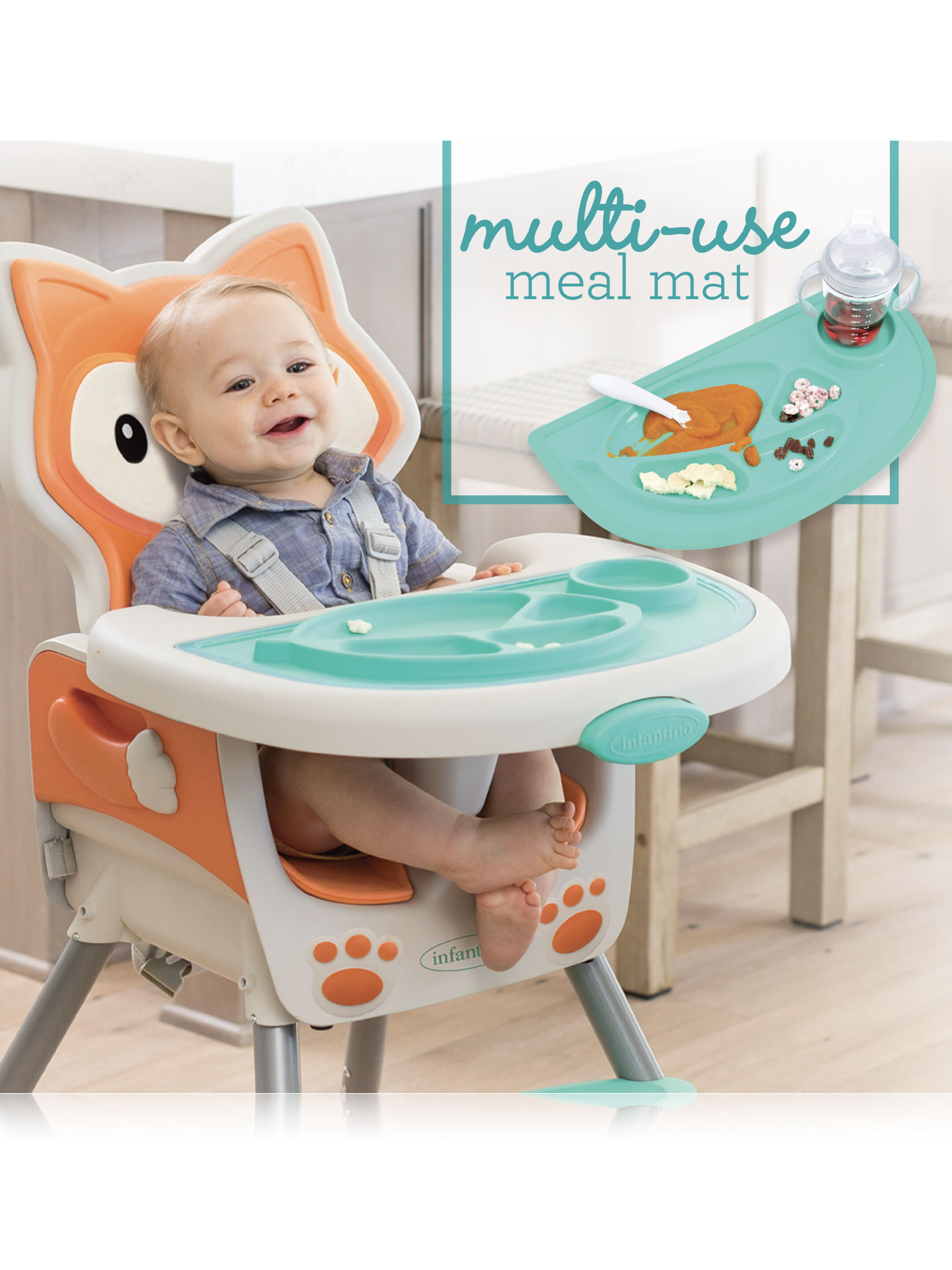 كرسي مرتفع قابل للتحويل 4 في 1 من إنفانتينو - تصميم ثعلب بلون برتقالي image number 7