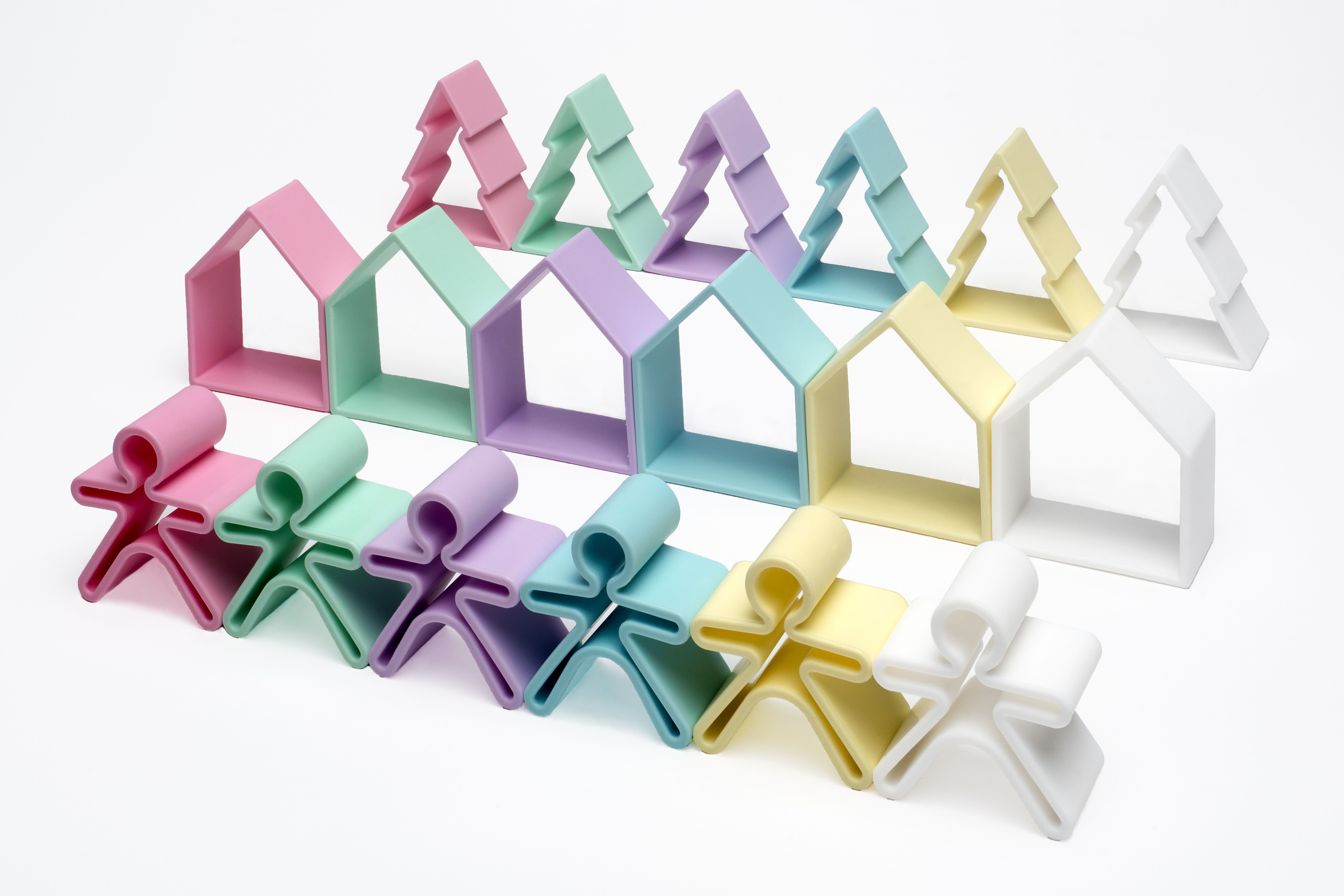 لعبة 6 أطفال + 6 منازل + 6 أشجار بألوان فاتحة من دينا