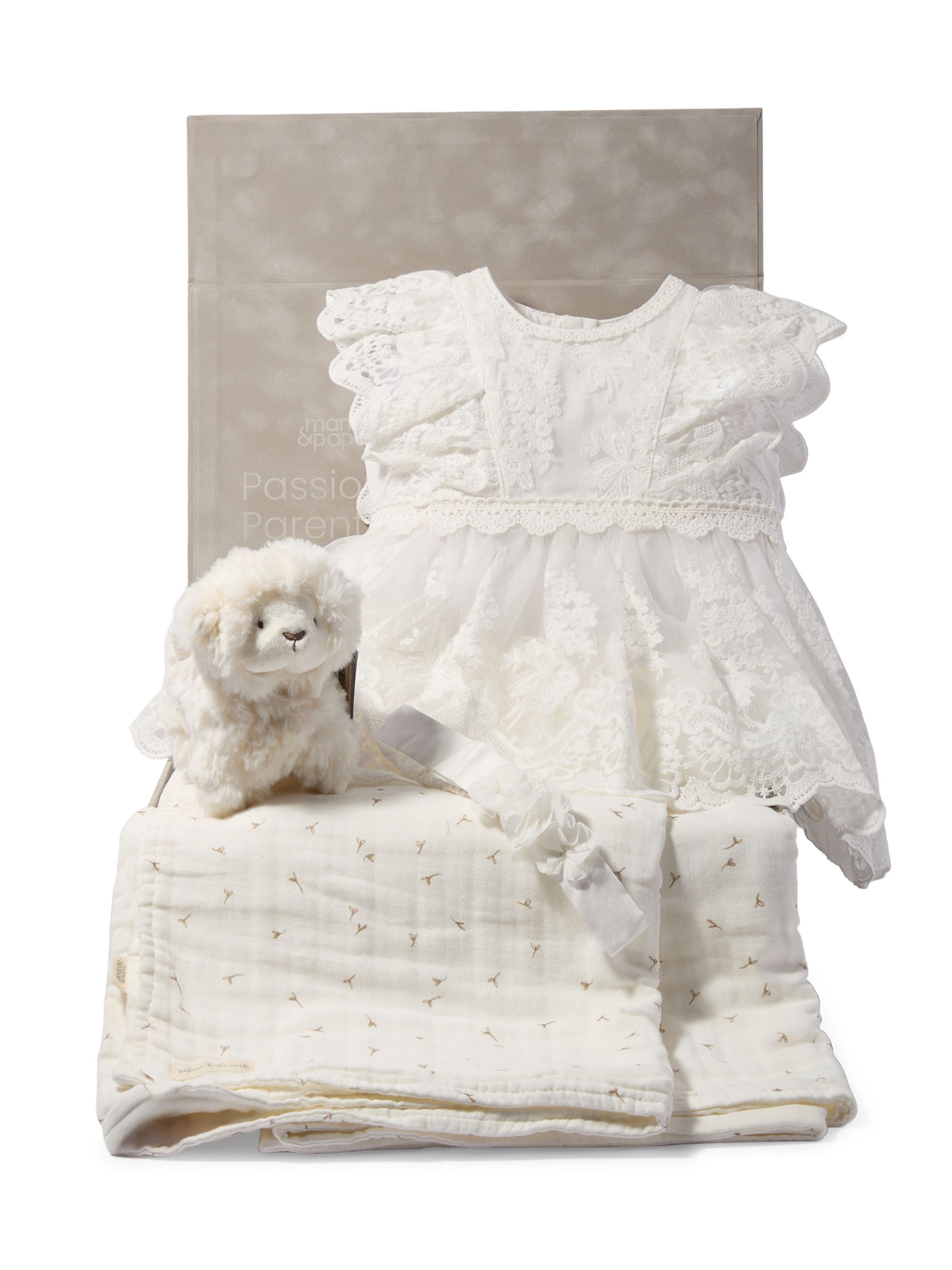 Lace Frill Romper Baby Gift Set with Muslin Blanket, Headband & Lamb Chime