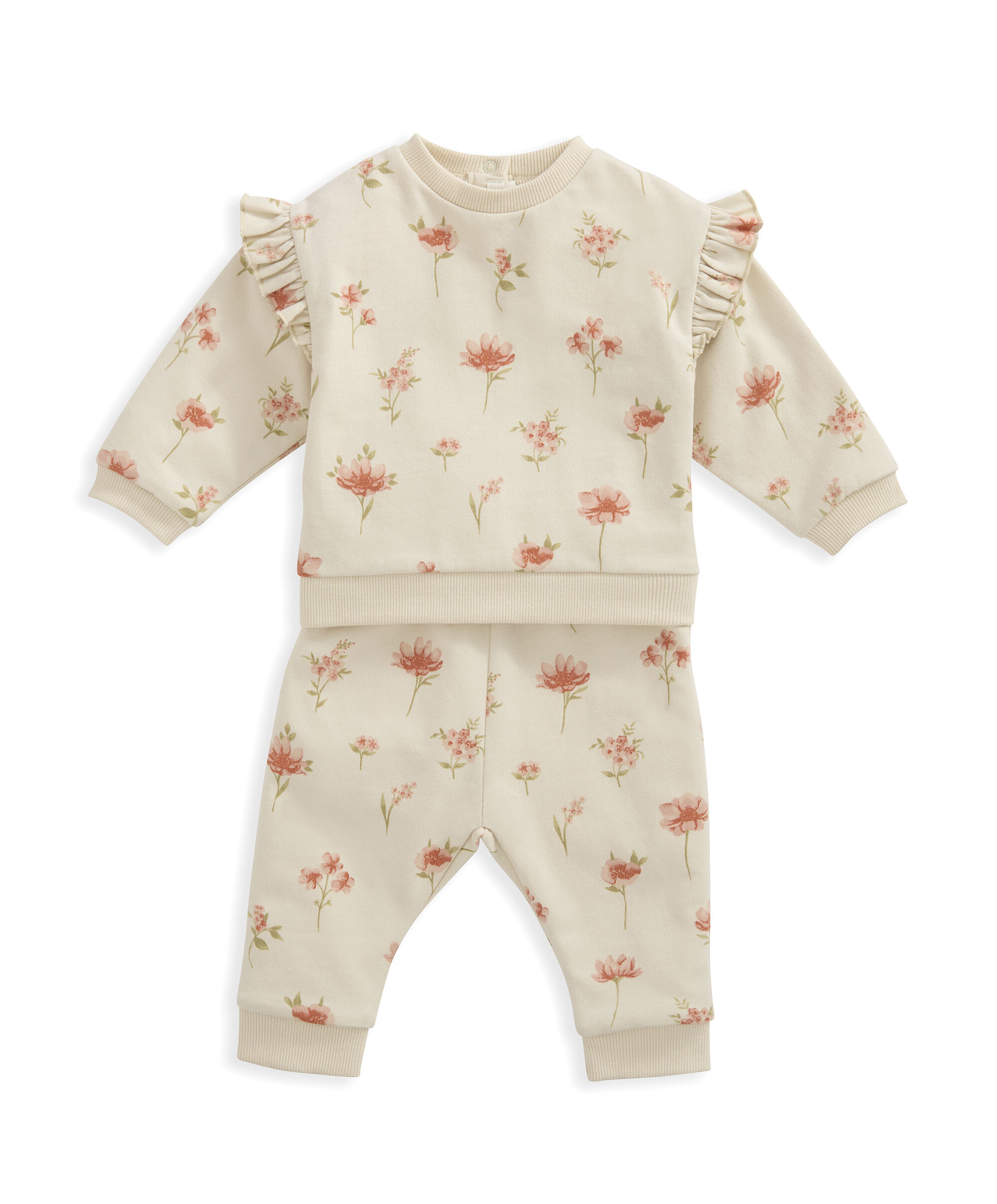 طقم لباس قطعة واحدة وبنطال رياضي بنقشة زهور بألوان مائية - وردي image number 4