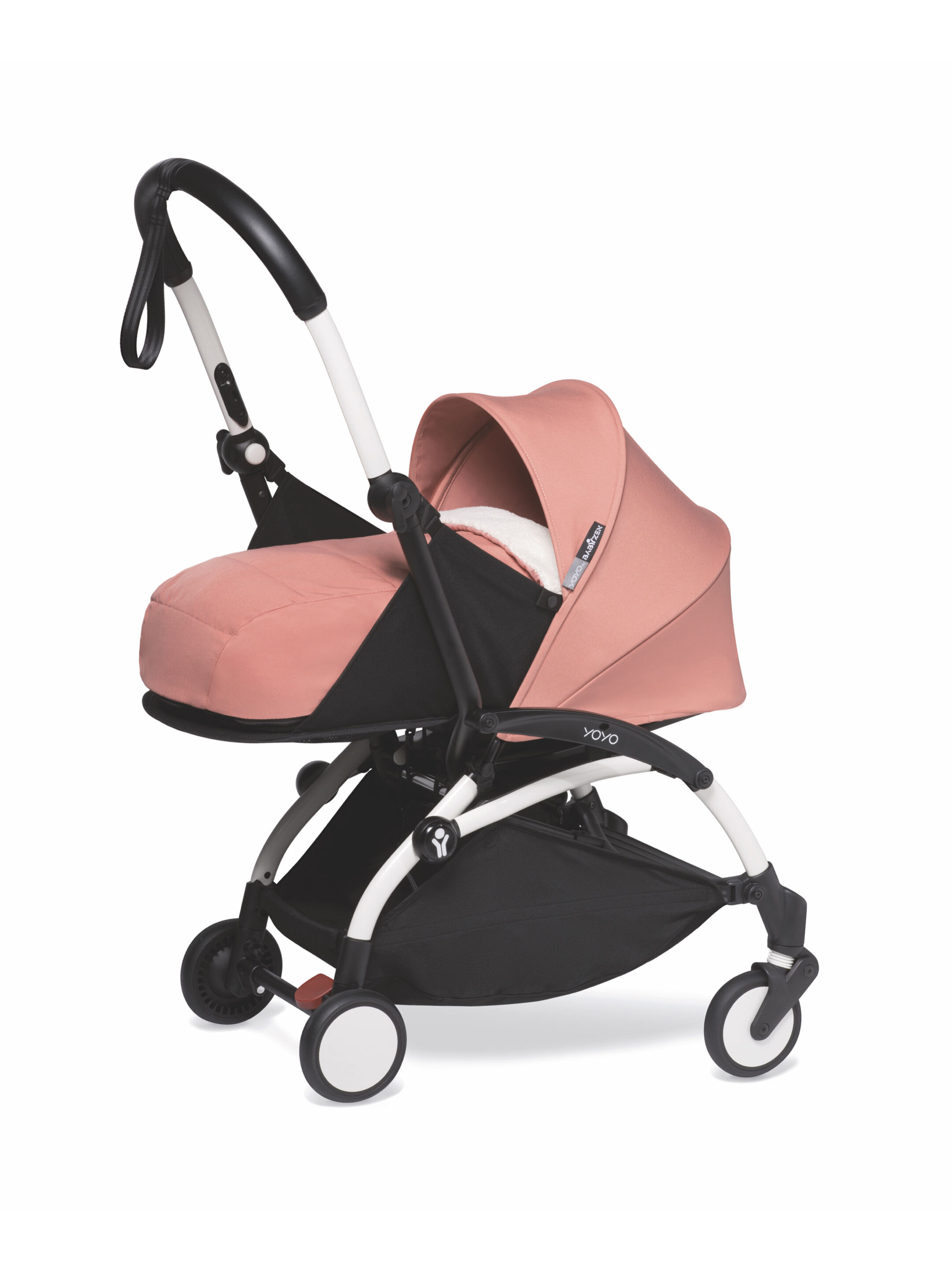 عربة أطفال بيبي زن يويو بهيكل أبيض ومجموعة مقعد عربة للأطفال حديثي الولادة وردي image number 1