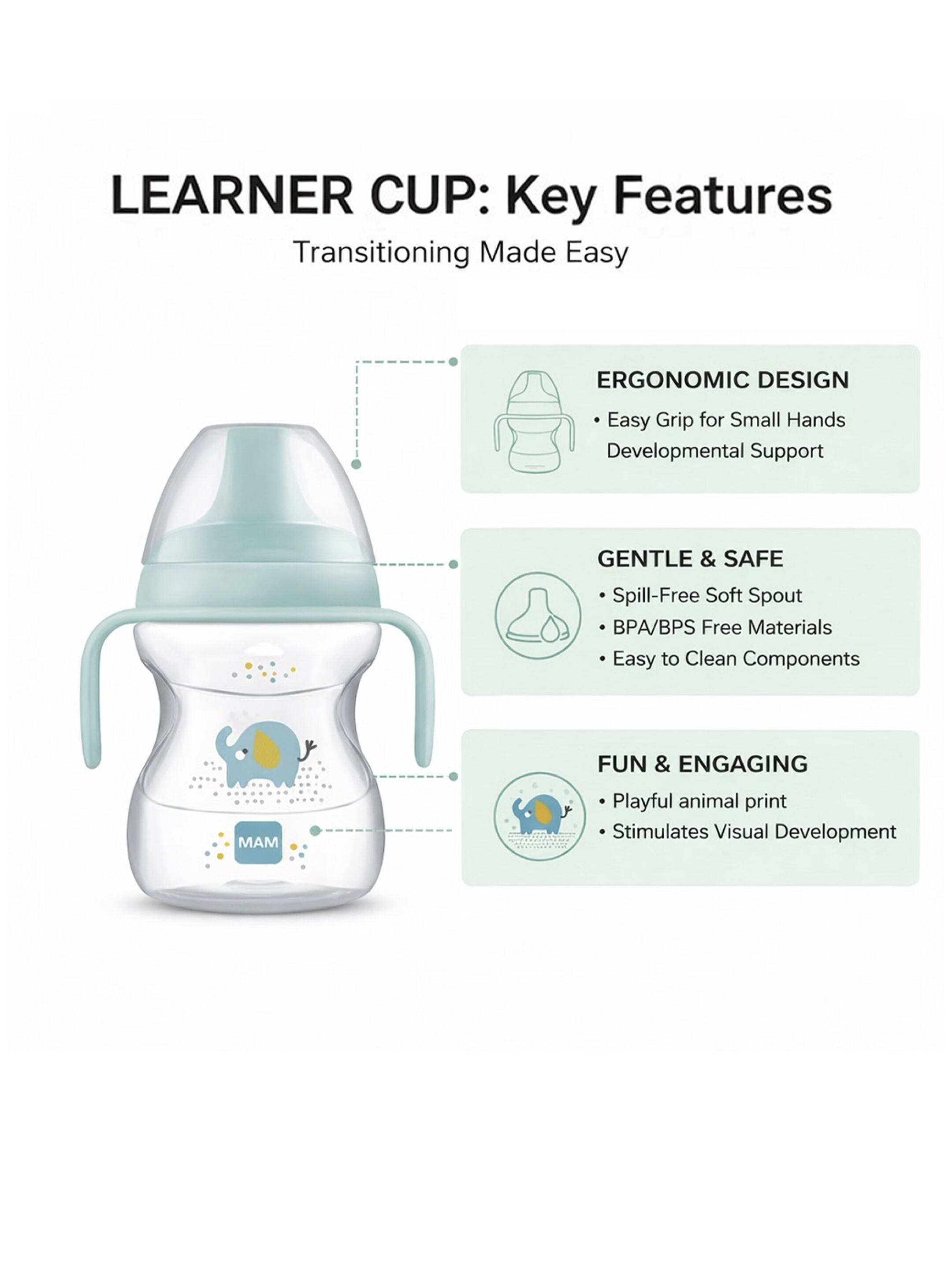 كوب مام بيبي لتعليم الشرب للأطفال سيليكون - 6 أشهر فما فوق | بطبعة حيوانات برية، أزرق - 190 مل - عبوة من قطعة واحدة image number 5