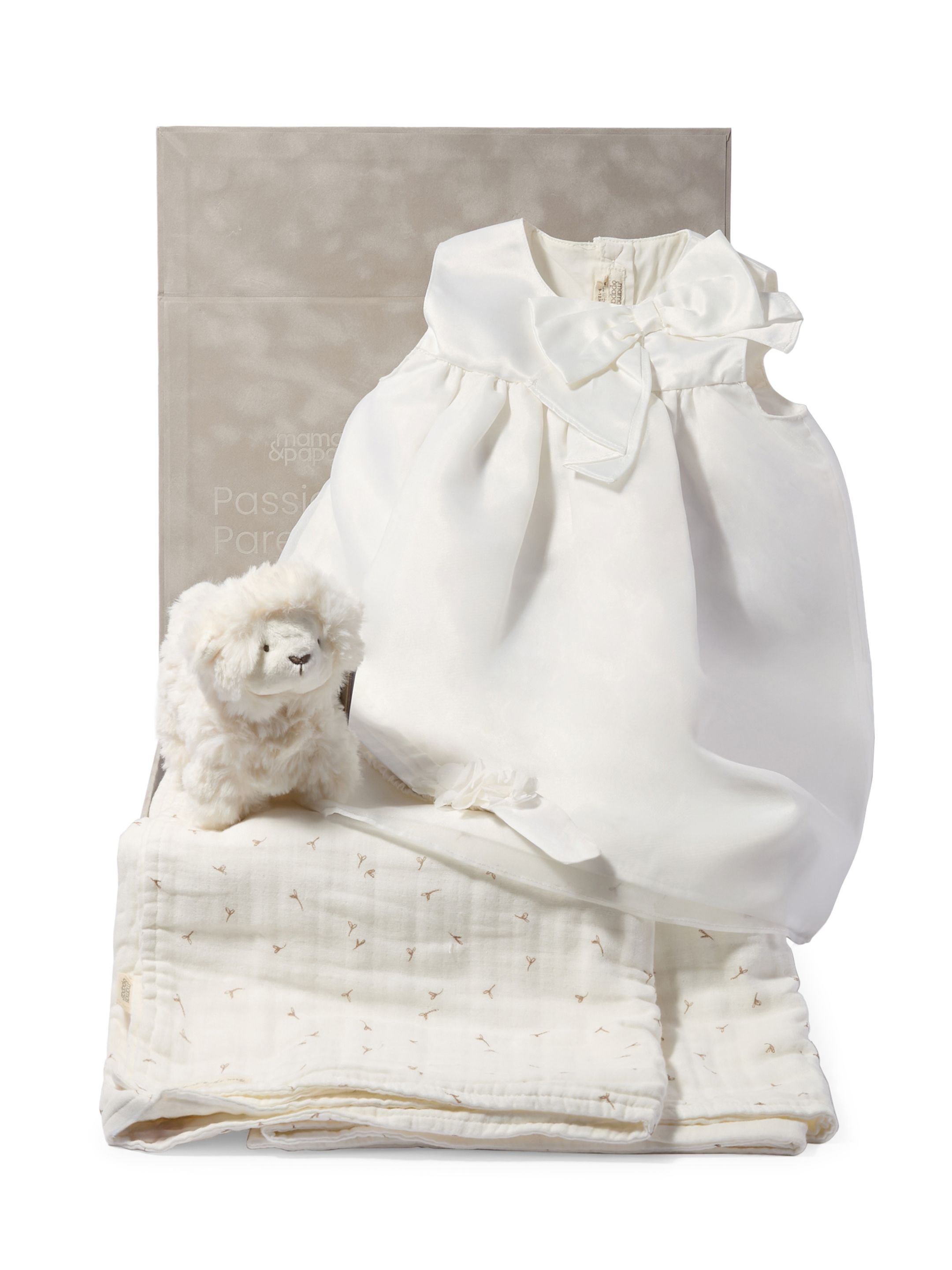 White Organza Bow Dress Baby Gift Set with Muslin Blanket, Headband & Lamb Chime