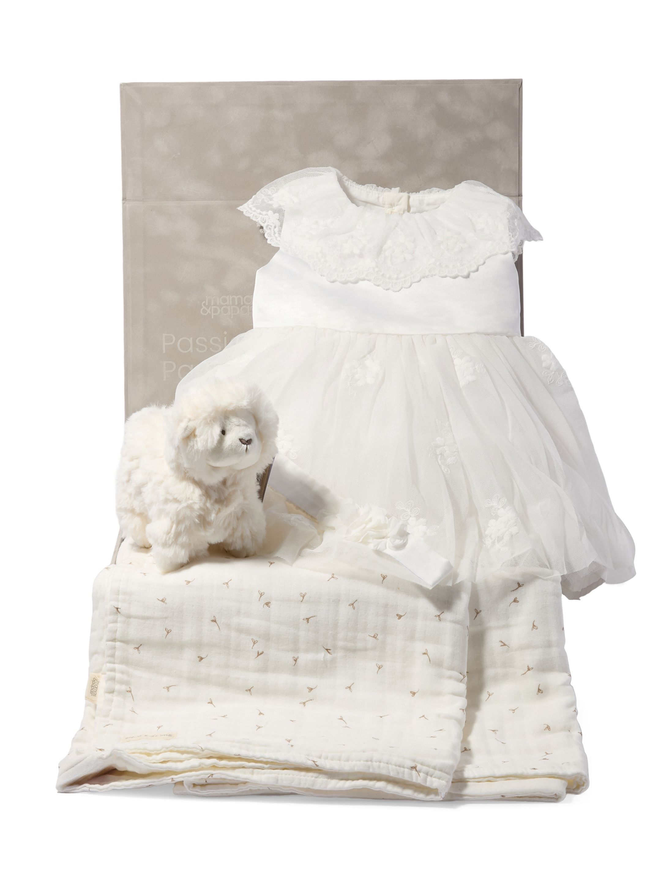 Mesh Flower Girl Dress Baby Gift Set with Muslin Blanket, Headband & Lamb Chime