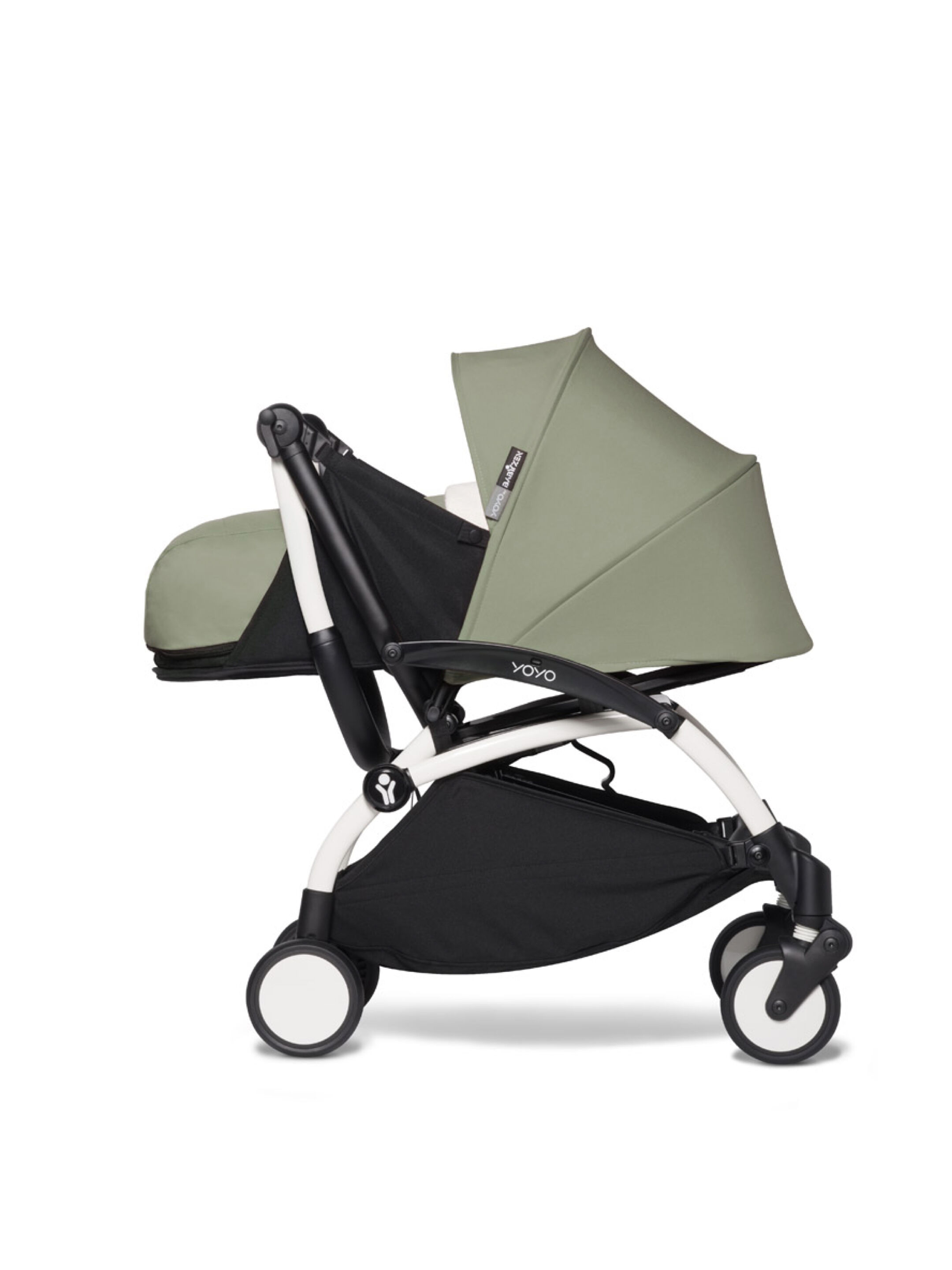عربة أطفال بيبي زن يويو بهيكل أبيض ومجموعة مقعد عربة للأطفال حديثي الولادة أخضر زيتوني image number 3