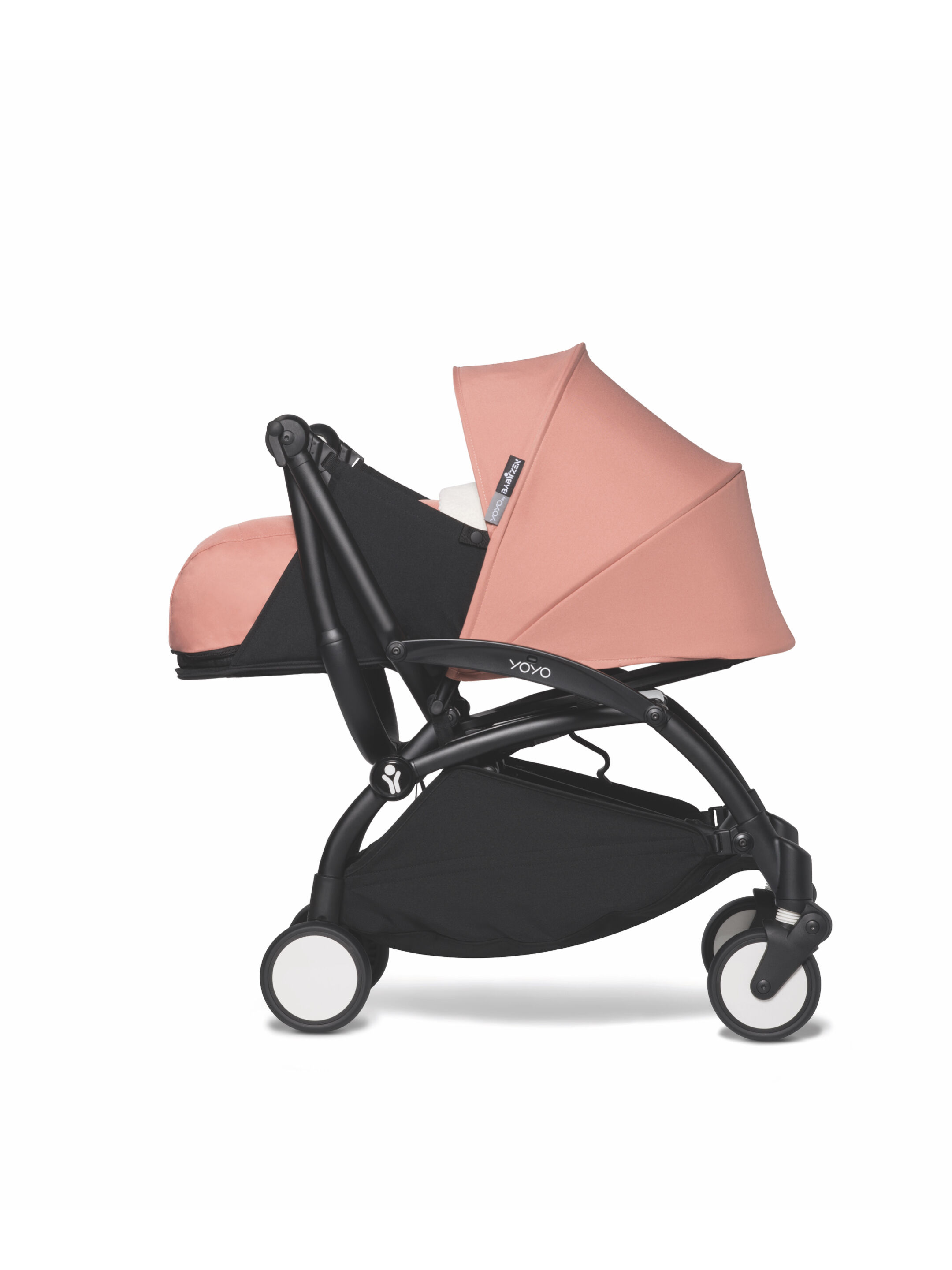 عربة أطفال بيبي زن يويو بهيكل أسود ومجموعة مقعد عربة للأطفال حديثي الولادة وردي image number 3