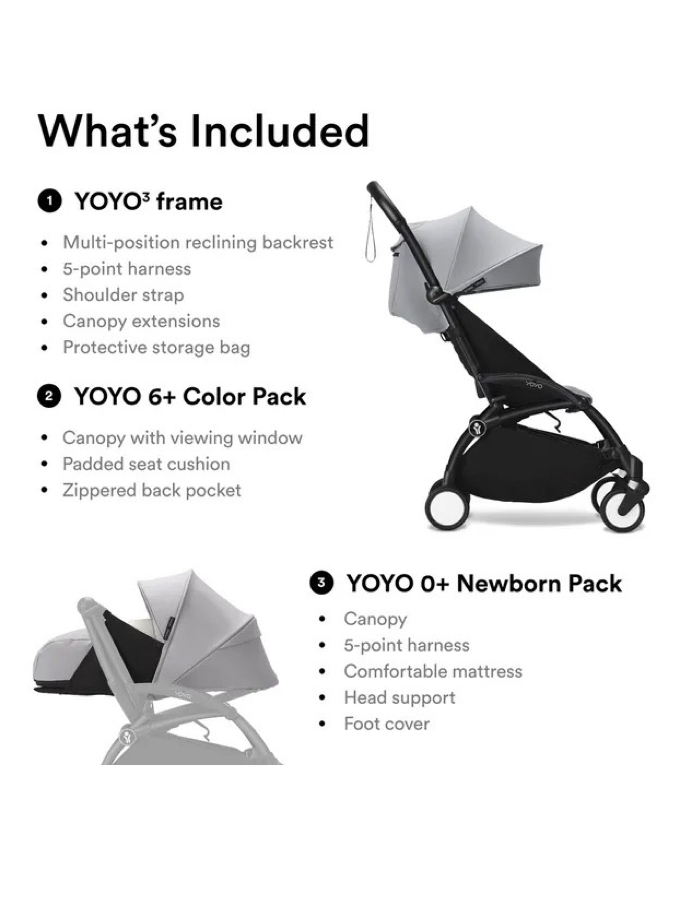 Stokke YOYO3 Full Stroller with White Frame, 0+ Newborn and 6+ Color Pack - Stone (3 pieces) image number 2
