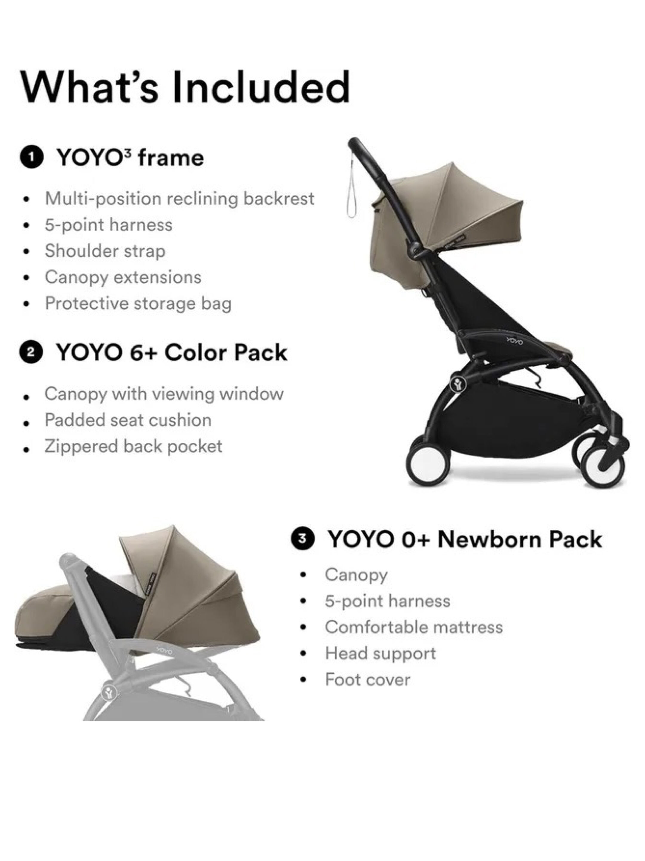 Stokke YOYO3 Full Stroller with White Frame, 0+ Newborn and 6+ Color Pack - Taupe (3 pieces) image number 2