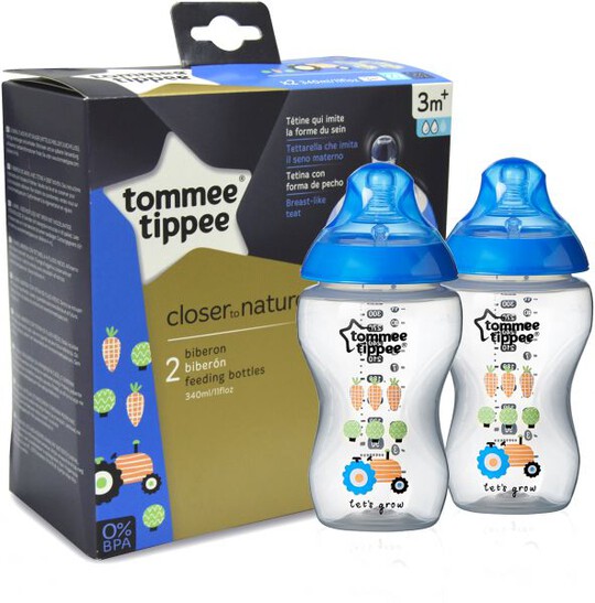 زجاجات رضاعة Closer to Nature المزينة من Tommee Tippee خالية من مادة BPA - عبوة من زجاجتين بسعة 340 مل - Easi-Vent - لون أزرق image number 1