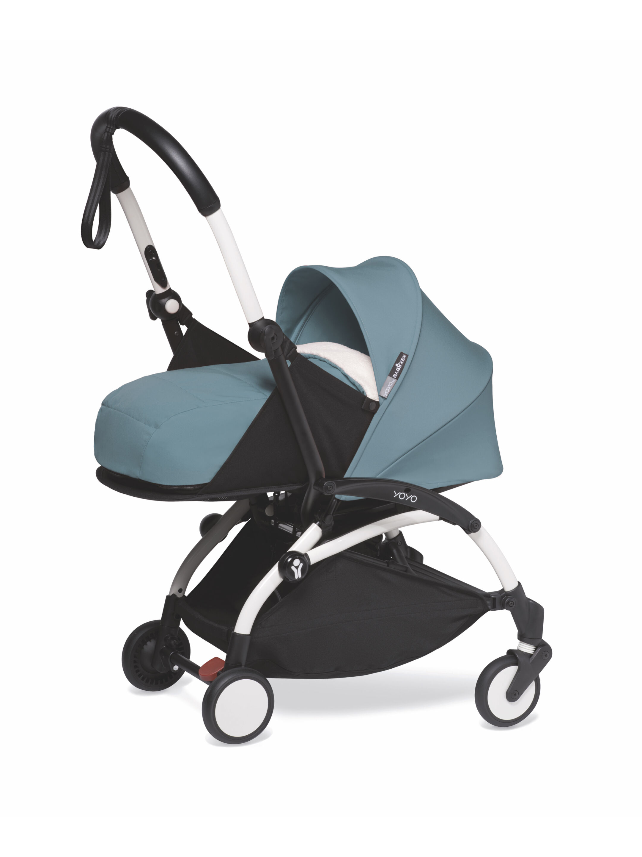 عربة أطفال بيبي زن يويو بهيكل أبيض ومجموعة مقعد عربة للأطفال حديثي الولادة أزرق فاتح image number 1