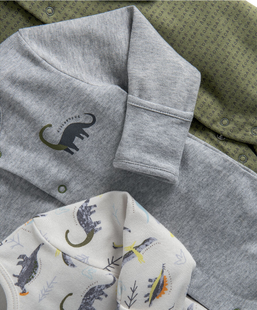 طقم بيجاما قطعة واحدة قطن جيرسيه بنقشة ديناصور - 3 قطع image number 2