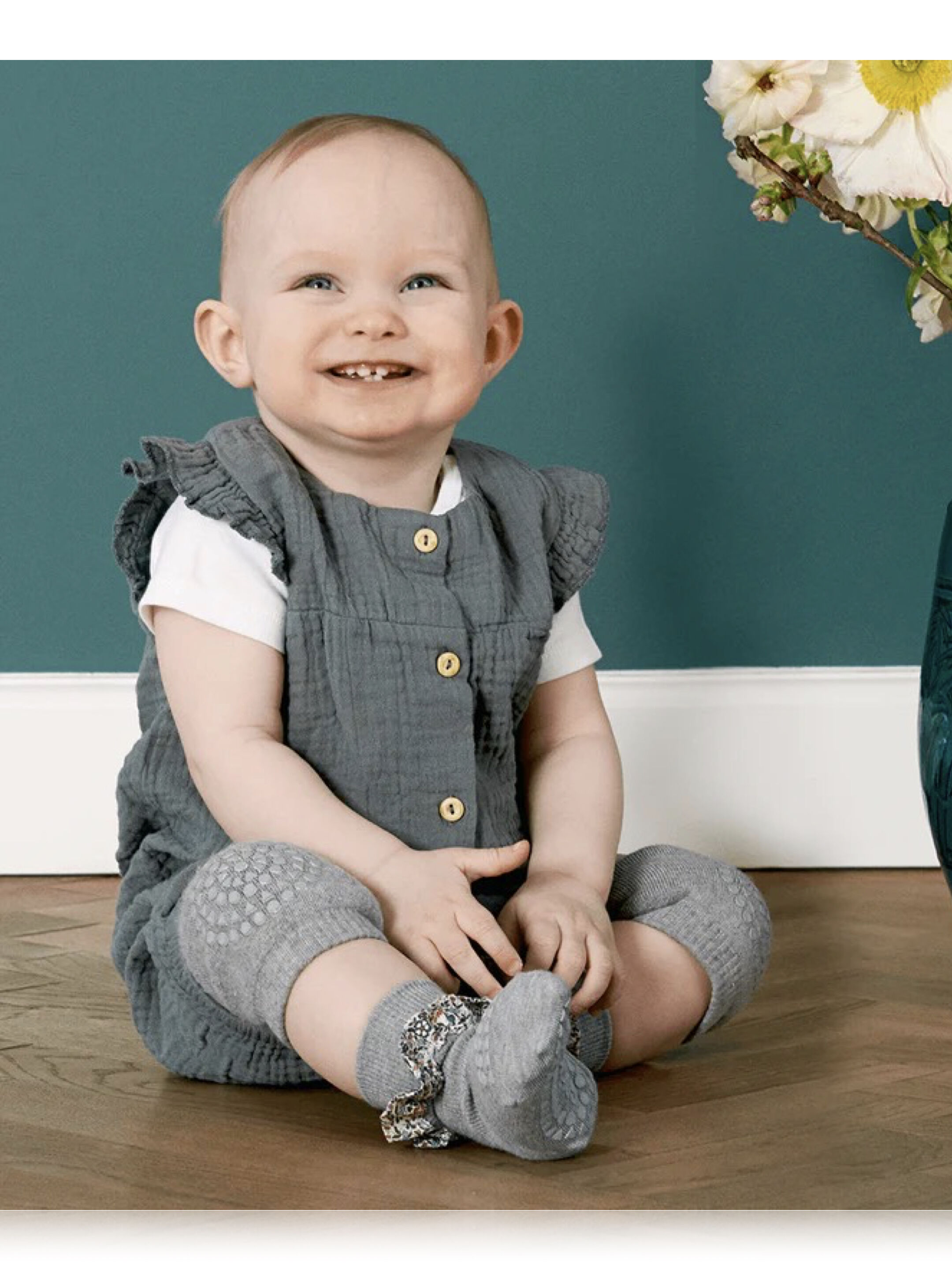 جوارب بامبو مضادة للانزلاق - رمادي بشريط كشكش بنقشة ليبرتي